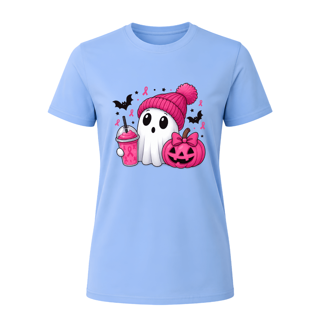 Carolina blue pink ribbon Halloween women’s T shirt featuring a cute ghost, pink jack o lantern and spooky black bats.