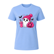 Carolina blue pink ribbon Halloween women’s T shirt featuring a cute ghost, pink jack o lantern and spooky black bats.