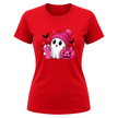 Red women’s spooky season graphic tee with white Halloween ghost, pink beanie, pumpkin and pink ribbon inspired design.