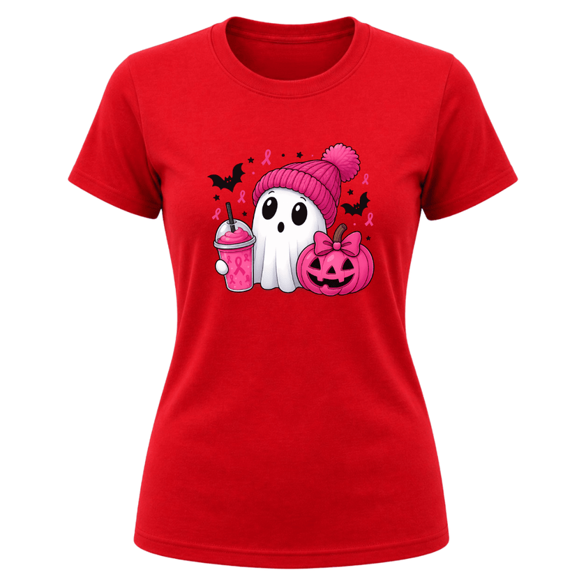 Red women’s spooky season graphic tee with white Halloween ghost, pink beanie, pumpkin and pink ribbon inspired design.