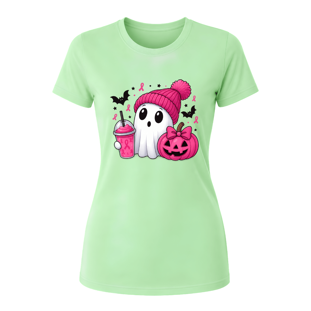 Mint green women’s Halloween awareness shirt with adorable ghost, pink pumpkin, pink drink and ribbon accents.