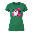 Irish green cute Halloween women’s tee featuring white ghost, bright pink jack o lantern, bats and pink ribbon details.