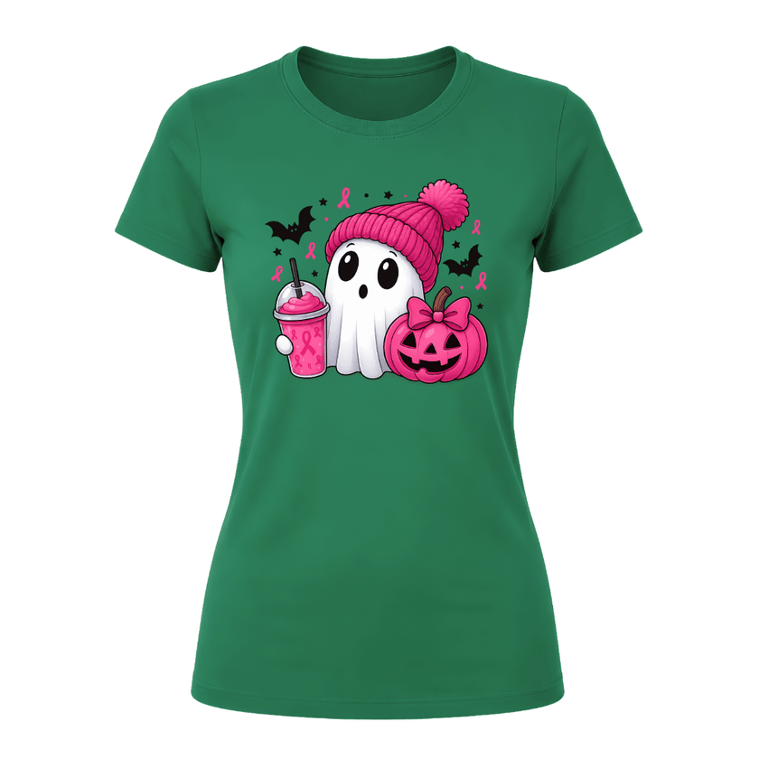 Irish green cute Halloween women’s tee featuring white ghost, bright pink jack o lantern, bats and pink ribbon details.