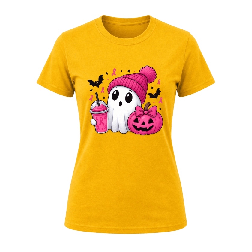 Yellow women’s pink ribbon Halloween shirt with cute spooky ghost, bright pink drink, pumpkin, bats and seasonal artwork.
