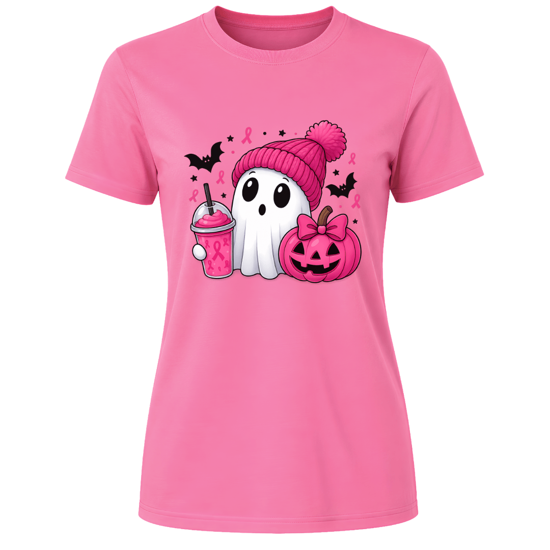 Azalea women’s T shirt featuring a cute Halloween ghost in a pink beanie with pink pumpkin, drink, bats and awareness ribbons.