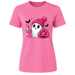 Azalea women’s T shirt featuring a cute Halloween ghost in a pink beanie with pink pumpkin, drink, bats and awareness ribbons.