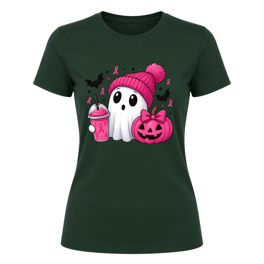 Forest green pink ribbon Halloween shirt for women with white ghost, pink pumpkin, black bats and cute spooky season artwork.