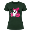 Forest green pink ribbon Halloween shirt for women with white ghost, pink pumpkin, black bats and cute spooky season artwork.