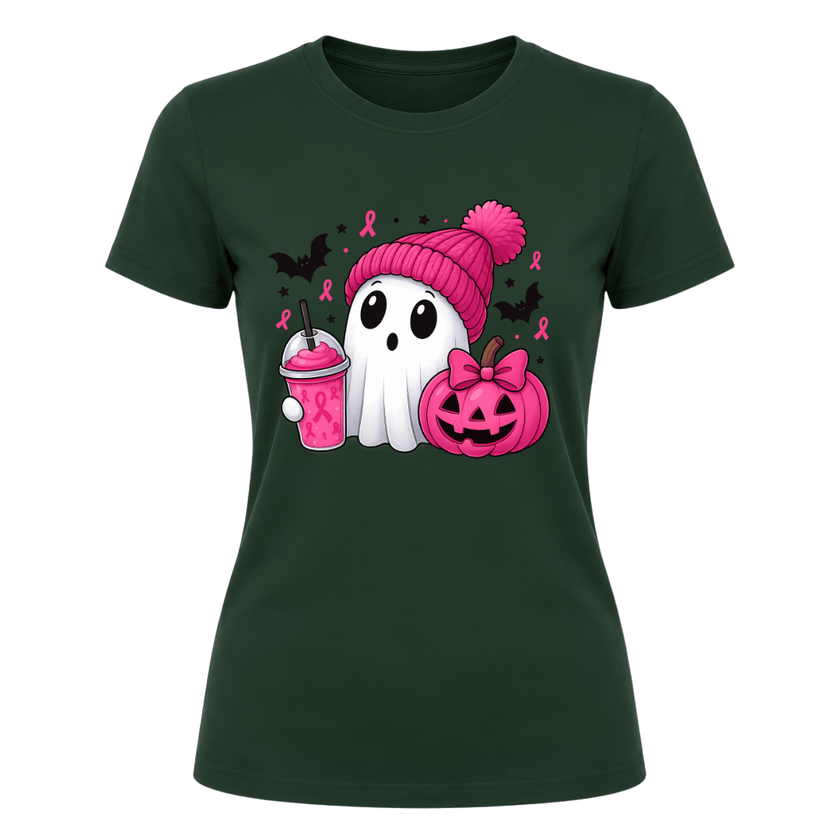 Forest green pink ribbon Halloween shirt for women with white ghost, pink pumpkin, black bats and cute spooky season artwork.