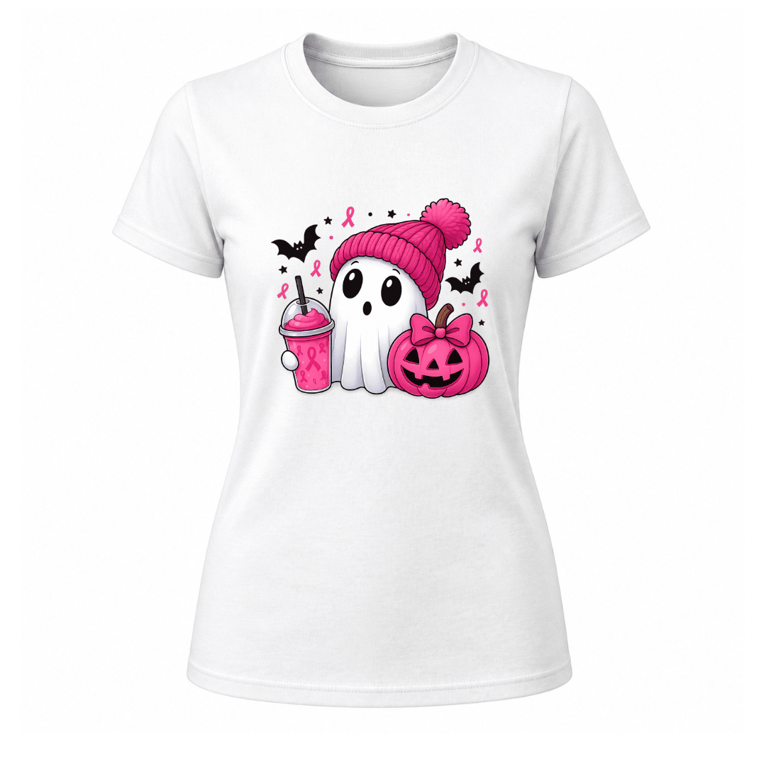 White women’s Halloween graphic shirt featuring an adorable ghost in pink beanie beside a pink pumpkin and ribbon details.