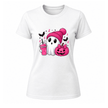 White women’s Halloween graphic shirt featuring an adorable ghost in pink beanie beside a pink pumpkin and ribbon details.
