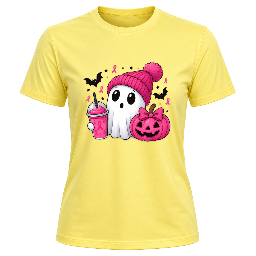 Corn silk women’s Halloween T shirt featuring a cute ghost holding a pink drink beside a pink pumpkin with ribbon accents.
