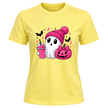 Corn silk women’s Halloween T shirt featuring a cute ghost holding a pink drink beside a pink pumpkin with ribbon accents.
