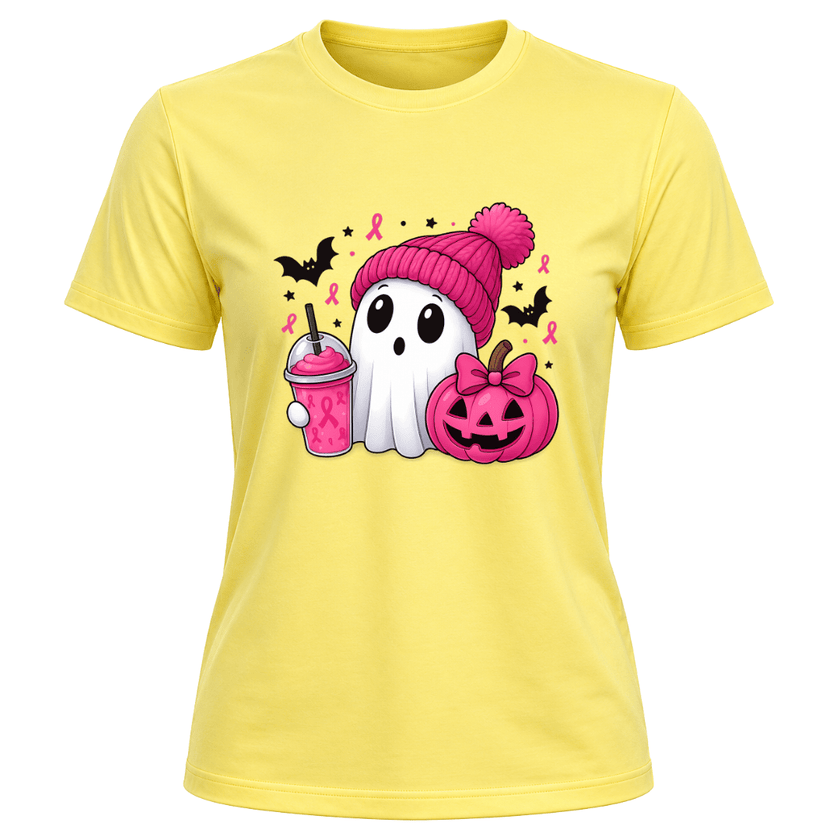 Corn silk women’s Halloween T shirt featuring a cute ghost holding a pink drink beside a pink pumpkin with ribbon accents.