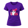 Purple cute ghost Halloween T shirt for women featuring pink ribbon details, bright pink pumpkin, bats and fall artwork.
