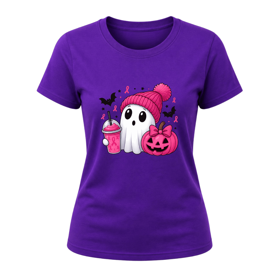 Purple cute ghost Halloween T shirt for women featuring pink ribbon details, bright pink pumpkin, bats and fall artwork.