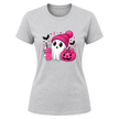 Sport grey pink ribbon Halloween T shirt for women with cute ghost character, pink pumpkin, bats and awareness accents.