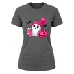 Charcoal grey women’s spooky season shirt with adorable white ghost, pink beanie, pink pumpkin and awareness ribbon details.