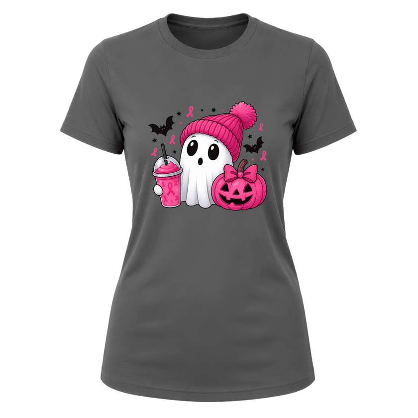 Charcoal grey women’s spooky season shirt with adorable white ghost, pink beanie, pink pumpkin and awareness ribbon details.