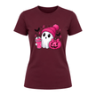 Maroon pink ribbon Halloween women’s T shirt featuring cute white ghost, bright pink beanie, pumpkin and spooky bats.