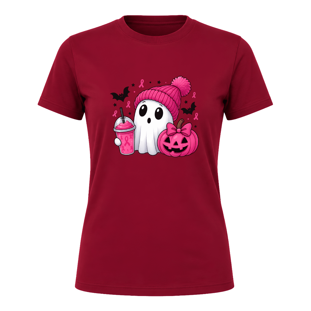 Cardinal red women’s Halloween graphic tee with white ghost, bright pink pumpkin and pink ribbon awareness inspired artwork.