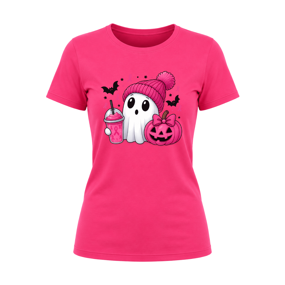 Heliconia women’s Halloween graphic T shirt with adorable ghost, pink beanie, pink drink and pink ribbon awareness symbols.