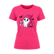 Heliconia women’s Halloween graphic T shirt with adorable ghost, pink beanie, pink drink and pink ribbon awareness symbols.