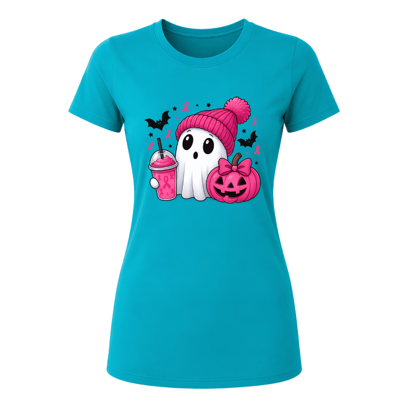 Jade Dome women’s spooky ghost shirt with pink pumpkin, pink drink and ribbon inspired Halloween graphic.