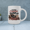 White sarcastic coffee mug featuring a lounging sloth, cozy blanket, laptop and bold Please Cancel My Subscription to Your Issues artwork.