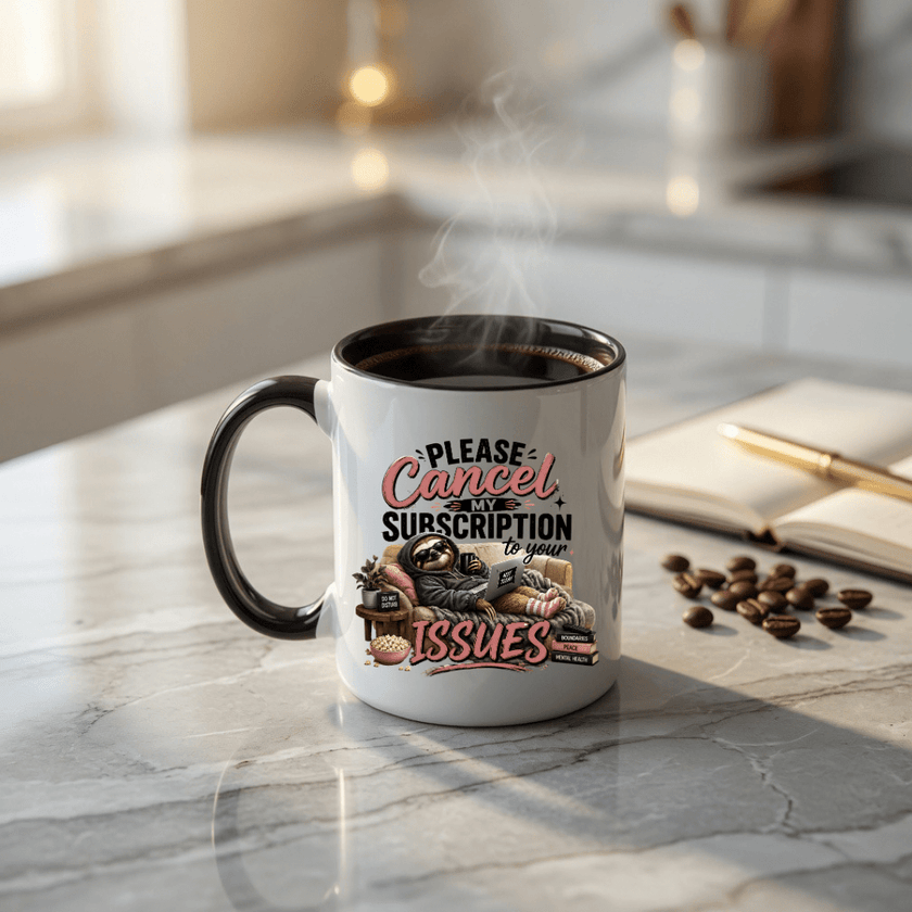 Black accented funny coffee mug with a sarcastic sloth graphic and Please Cancel My Subscription to Your Issues message.