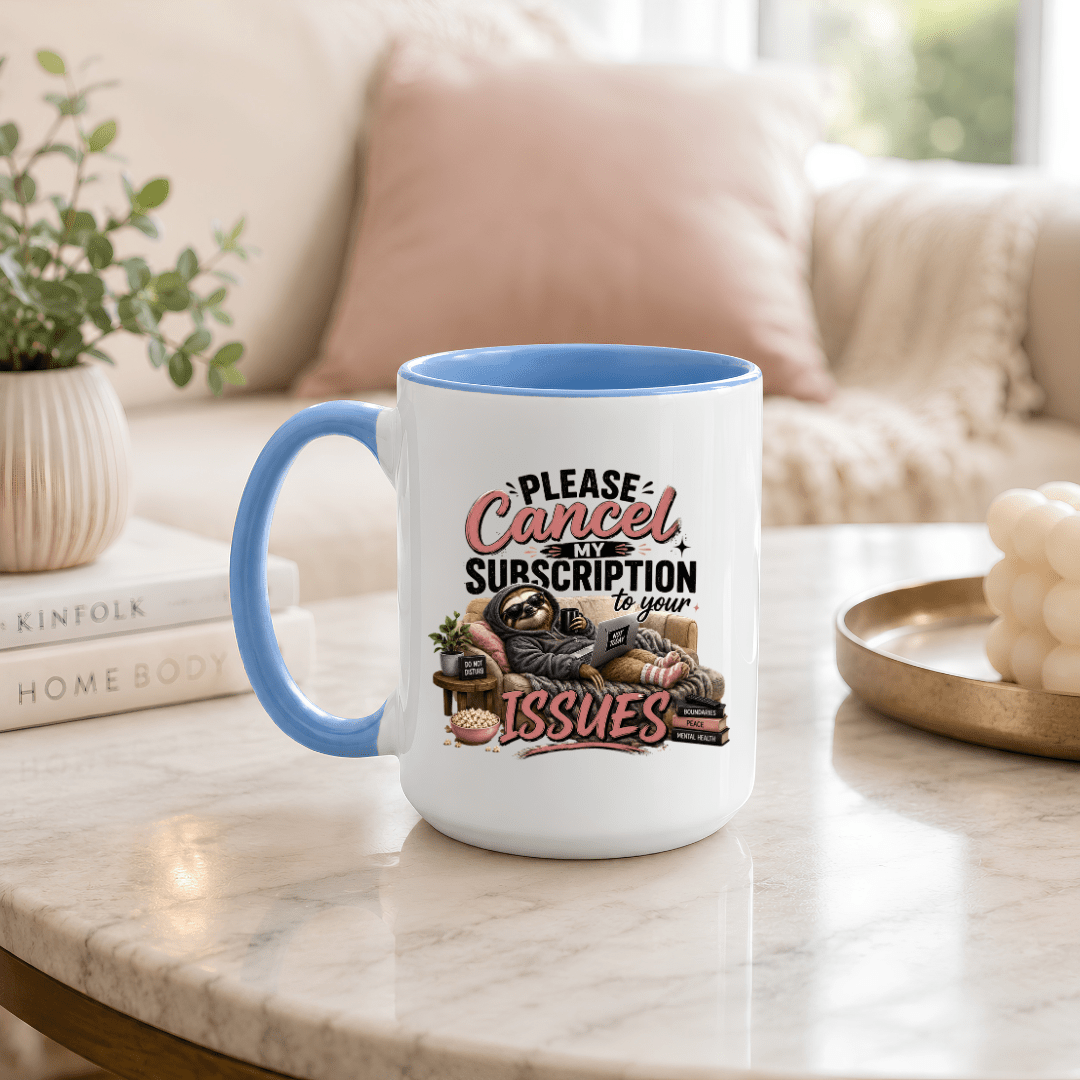 Light blue accent coffee mug displayed in a cozy living room with a sloth graphic and humorous boundaries inspired quote.