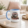 Light blue accent coffee mug displayed in a cozy living room with a sloth graphic and humorous boundaries inspired quote.