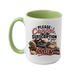 Light green two tone coffee mug with relaxed sloth artwork and the humorous Please Cancel My Subscription to Your Issues saying.