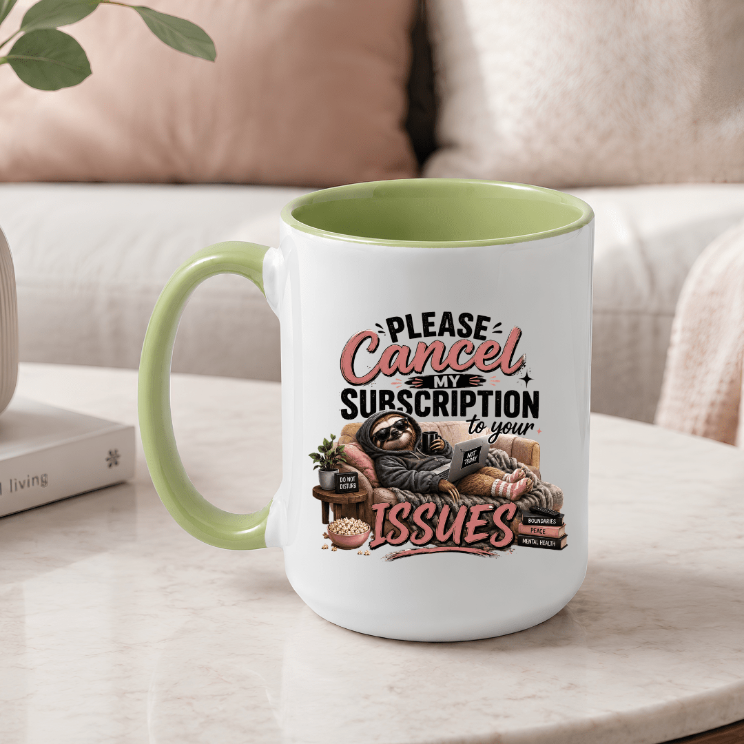 Light green accented sloth mug displayed in a neutral living room with funny boundaries themed coffee cup artwork.