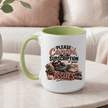 Light green accented sloth mug displayed in a neutral living room with funny boundaries themed coffee cup artwork.