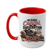 Red two tone coffee mug featuring a relaxed sloth and the funny quote Please Cancel My Subscription to Your Issues in pink and black lettering.