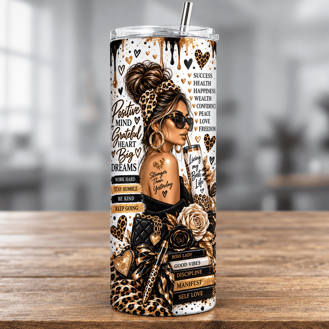 Front view of a white motivational tumbler featuring a woman in leopard print accessories, black and gold roses and positive mindset affirmations.