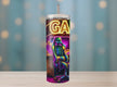 Colorful neon gamer tumbler with RGB gaming desk setup, glowing controller, and stylish LED lights. Ideal gamer gift or gaming accessory for eSports players and streamers.