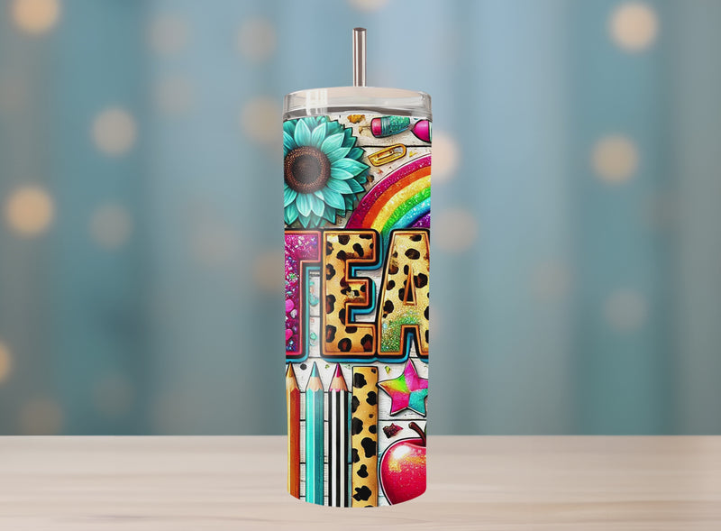 20oz teacher tumbler with bright rainbow design, sunflowers, pencils, and glitter-style letters spelling TEACHER on an insulated stainless steel cup.