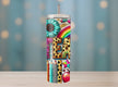20oz teacher tumbler with bright rainbow design, sunflowers, pencils, and glitter-style letters spelling TEACHER on an insulated stainless steel cup.