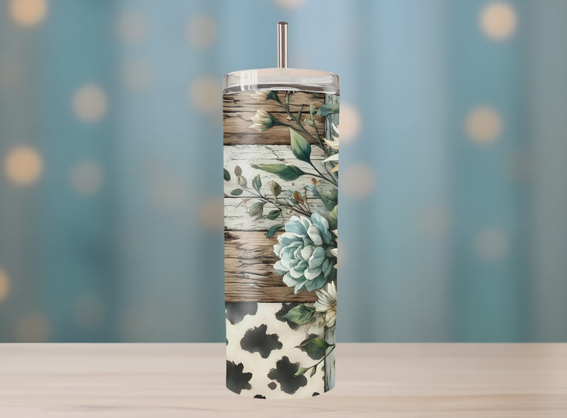 Elegant sunflower and floral tumbler design with rustic wood panels and cow print accents. Ideal for farmhouse kitchen lovers or as a stylish boho gift for her.