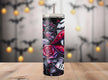 360 view of a vampire fang tumbler featuring red roses, bats, and dripping blood art. Gothic stainless steel cup for spooky drinks, Halloween parties, and horror-themed gifts
