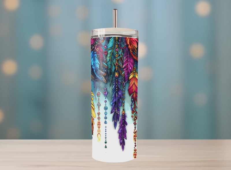 Vibrant feather tumbler with multicolor dreamcatcher and gemstone beads in teal, purple, orange, and gold tones — elegant stainless steel travel cup for boho lovers and artists.