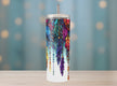 Vibrant feather tumbler with multicolor dreamcatcher and gemstone beads in teal, purple, orange, and gold tones — elegant stainless steel travel cup for boho lovers and artists.