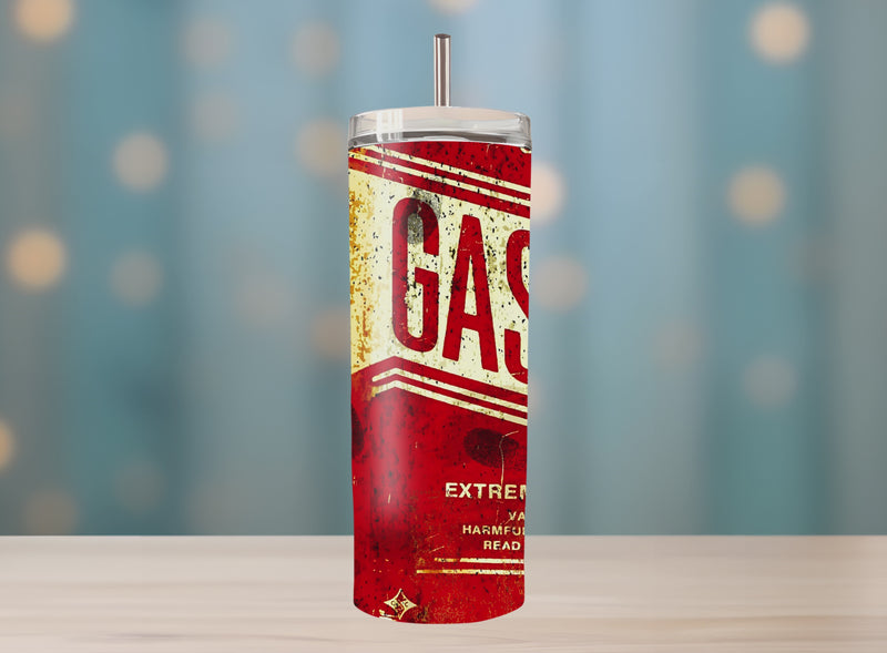 Distressed red and cream gasoline warning label featuring “Danger Extremely Flammable” text — retro industrial gas can design ideal for tumbler graphics, automotive wall art, or mechanic shop décor.