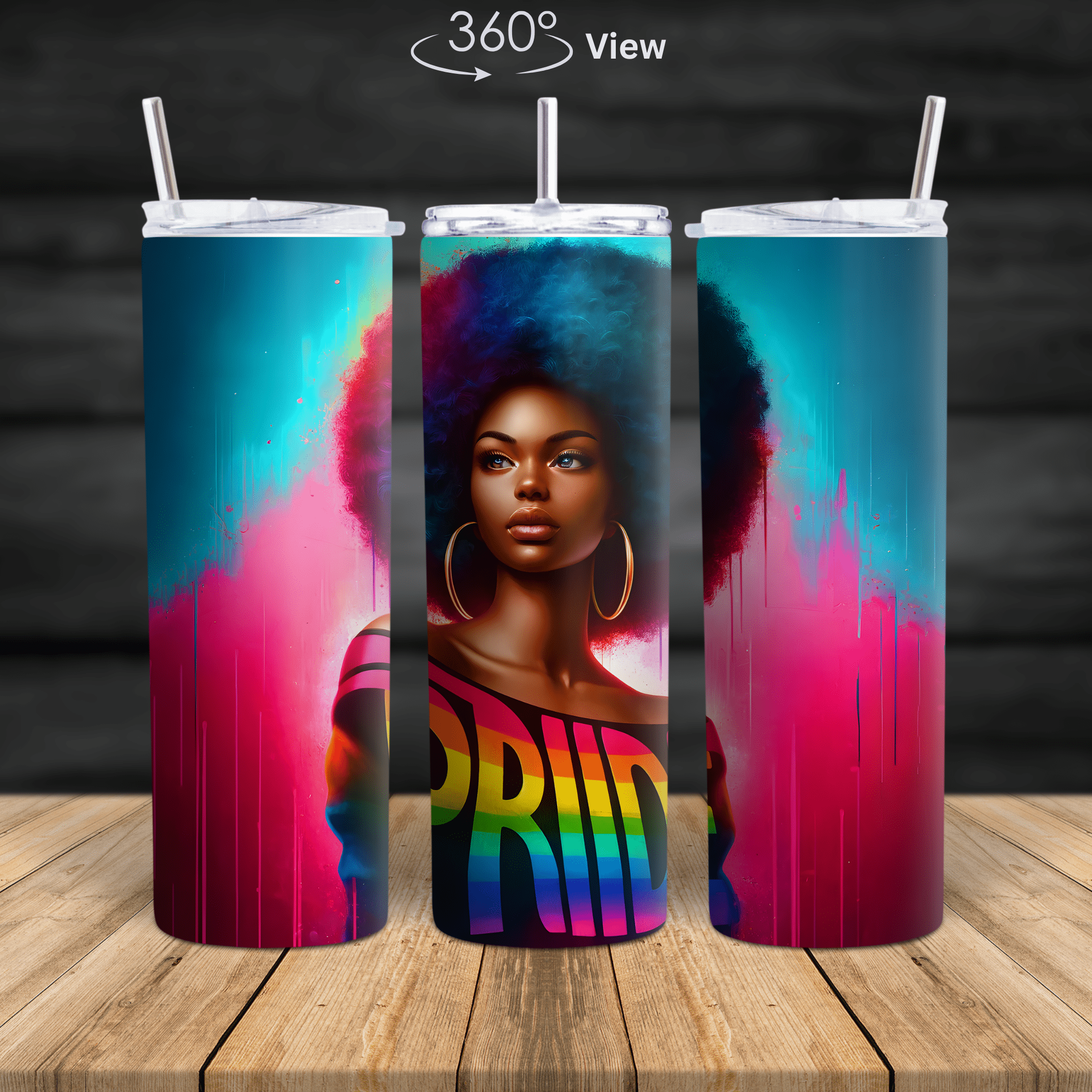 Pride Afro Queen stainless steel tumbler featuring rainbow pride design and powerful black woman illustration