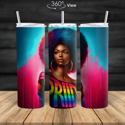 Pride Afro Queen stainless steel tumbler featuring rainbow pride design and powerful black woman illustration