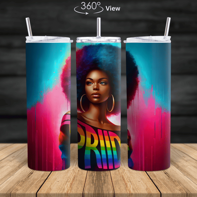 Pride Afro Queen stainless steel tumbler featuring rainbow pride design and powerful black woman illustration