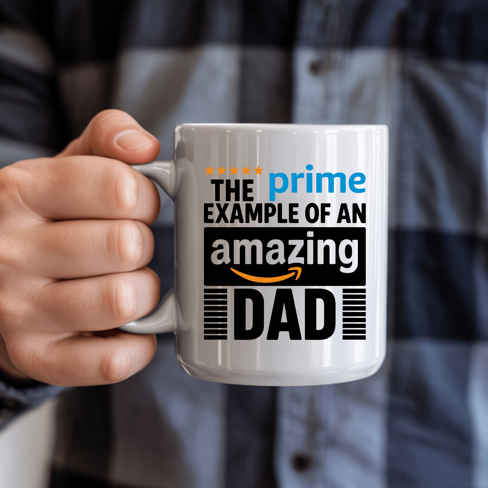 Funny dad coffee mug with Prime inspired Amazing Dad artwork photographed in gift packaging with premium presentation