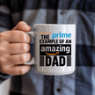 Funny dad coffee mug with Prime inspired Amazing Dad artwork photographed in gift packaging with premium presentation